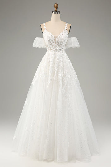 Vestido de novia de tirantes finos de tul de línea A marfil con apliques